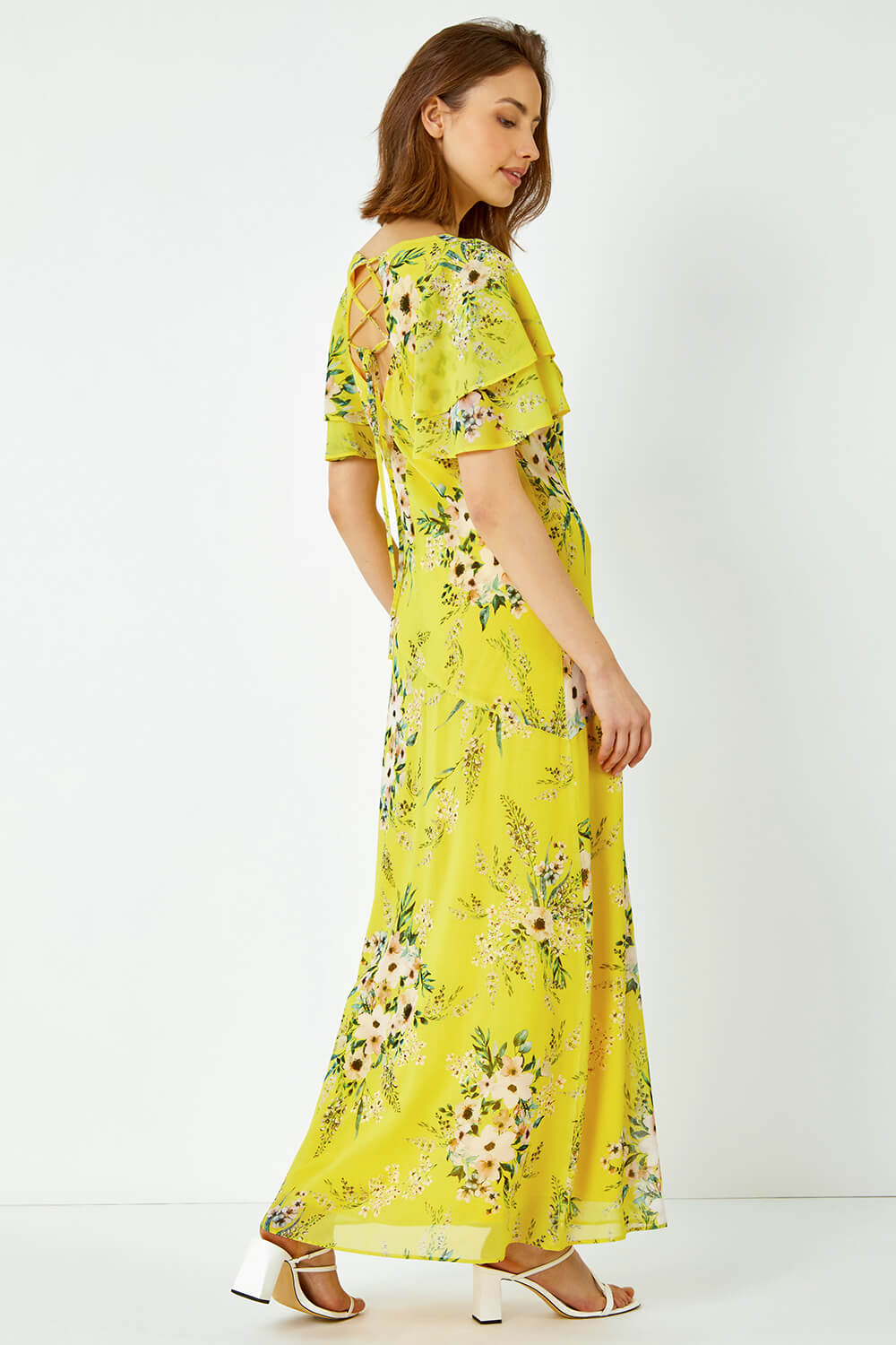 Yellow Floral Tiered Sleeve Maxi Dress, Image 2 of 5