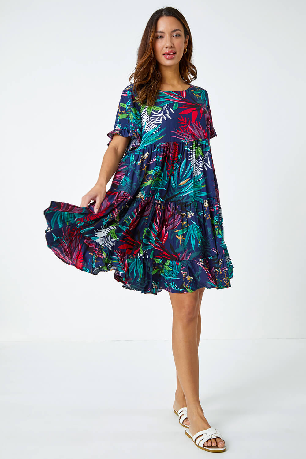 Navy  Tropical Frill Sleeve Tiered Smock Dress, Image 2 of 5