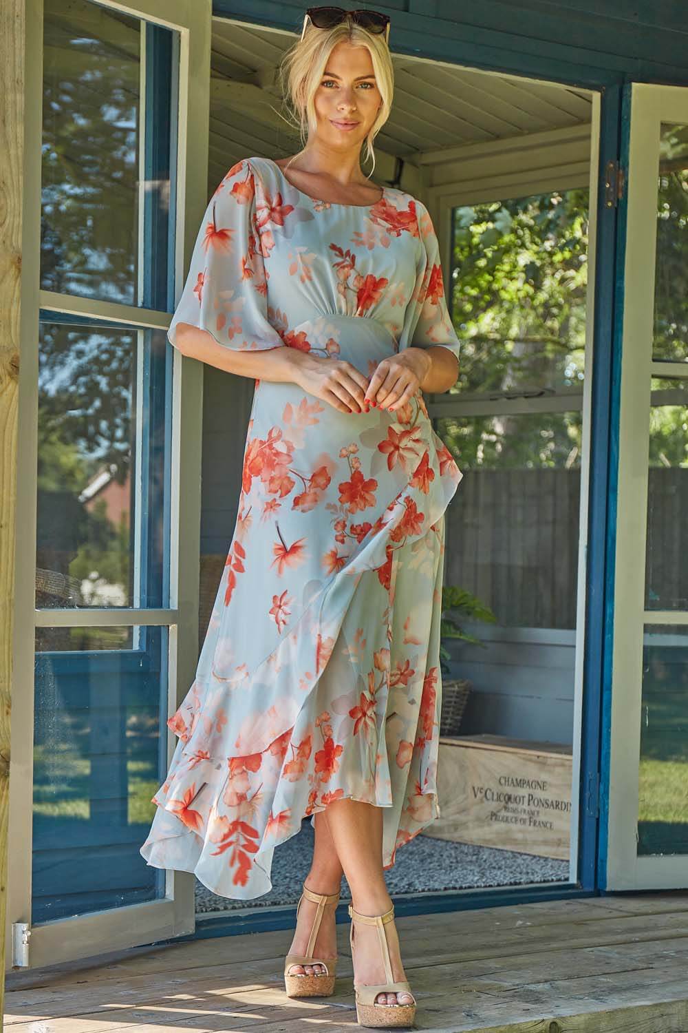 Floral Frill Short Sleeve Midi Dress