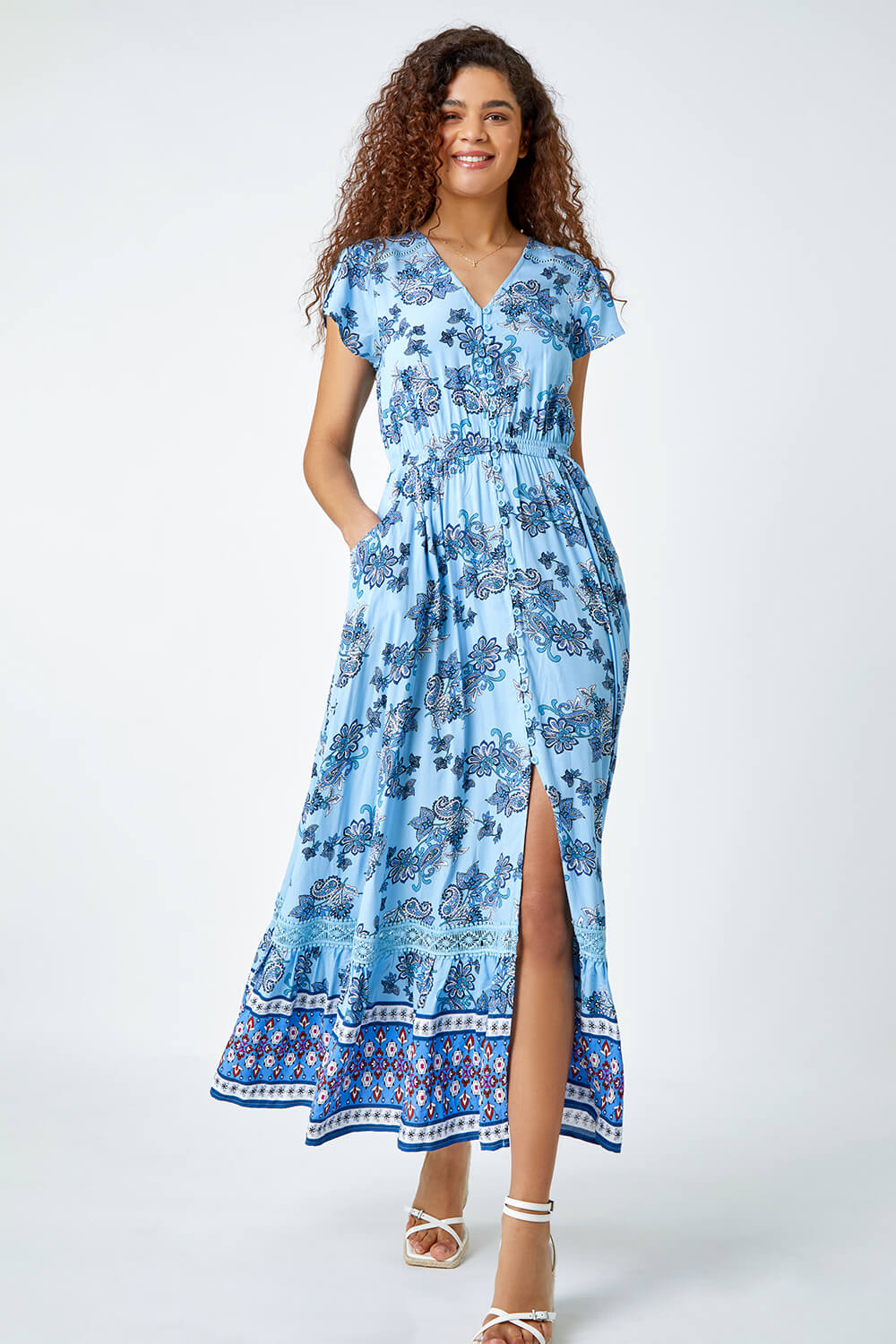 Light Blue  Floral Print Shirred Waist Maxi Dress, Image 2 of 5
