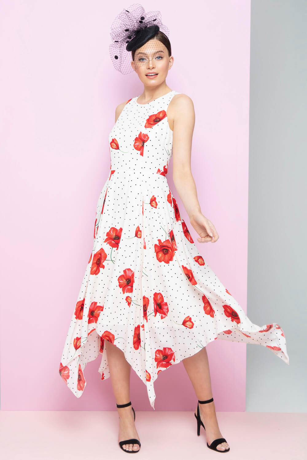 Spot Floral Poppy Print Hanky Hem Midi Dress