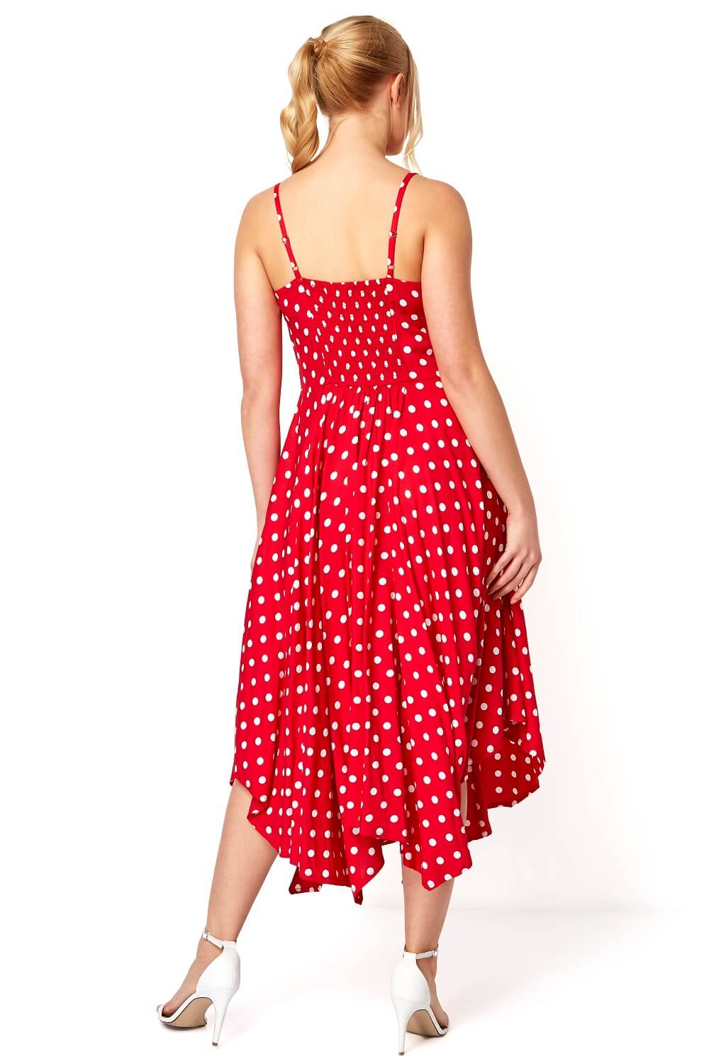 Red Polka Dot Hanky Hem Midi Dress, Image 2 of 4