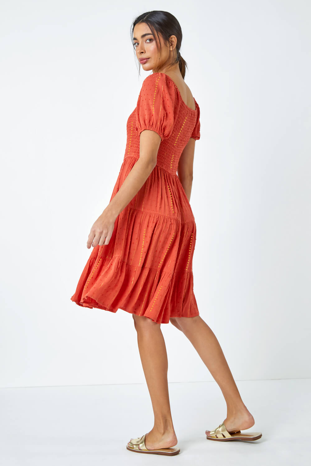 Red Metallic Puff Sleeve Shirred Dress, Image 3 of 5