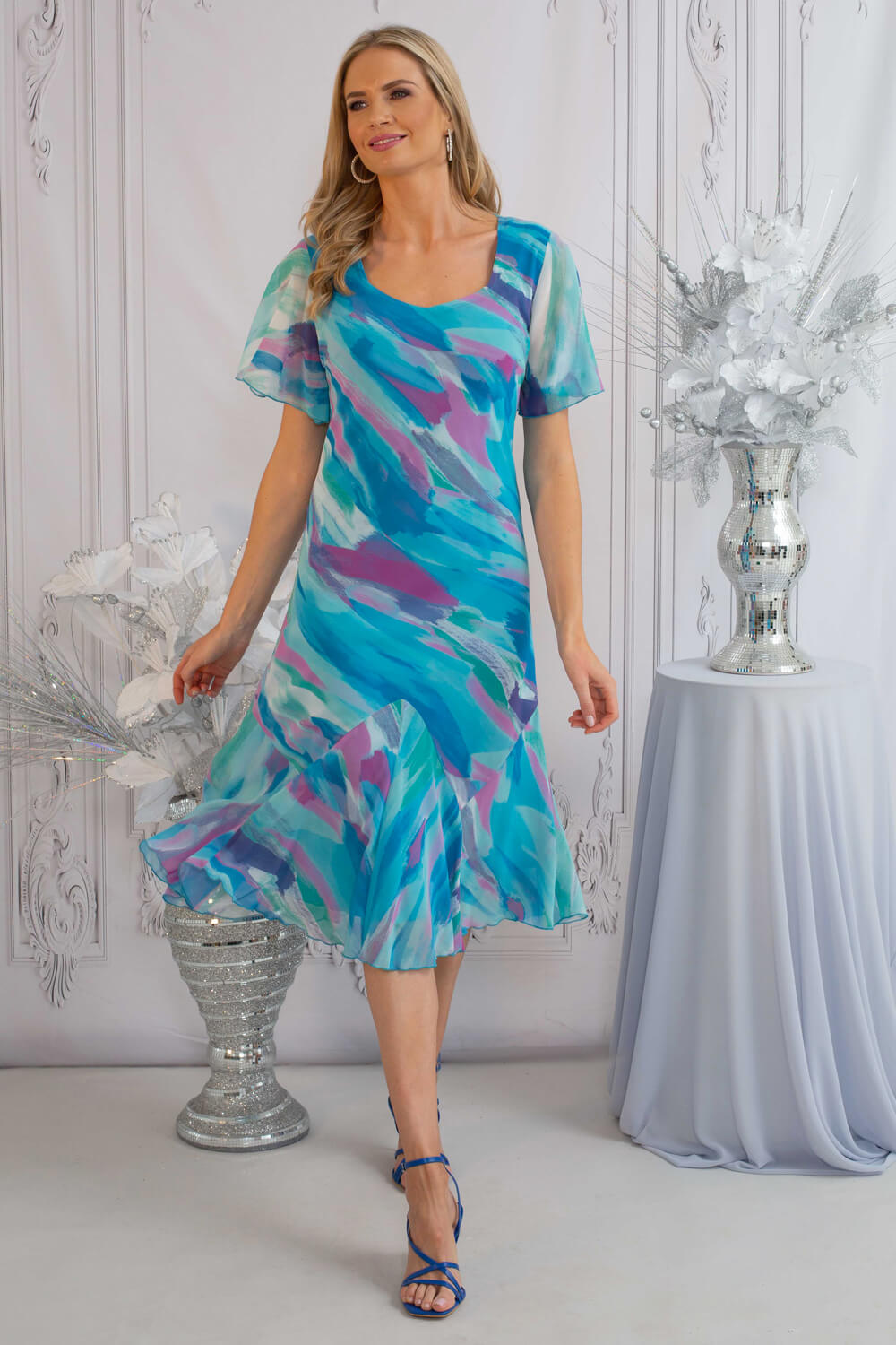 Turquoise Julianna Abstract Print Chiffon Dress, Image 3 of 4
