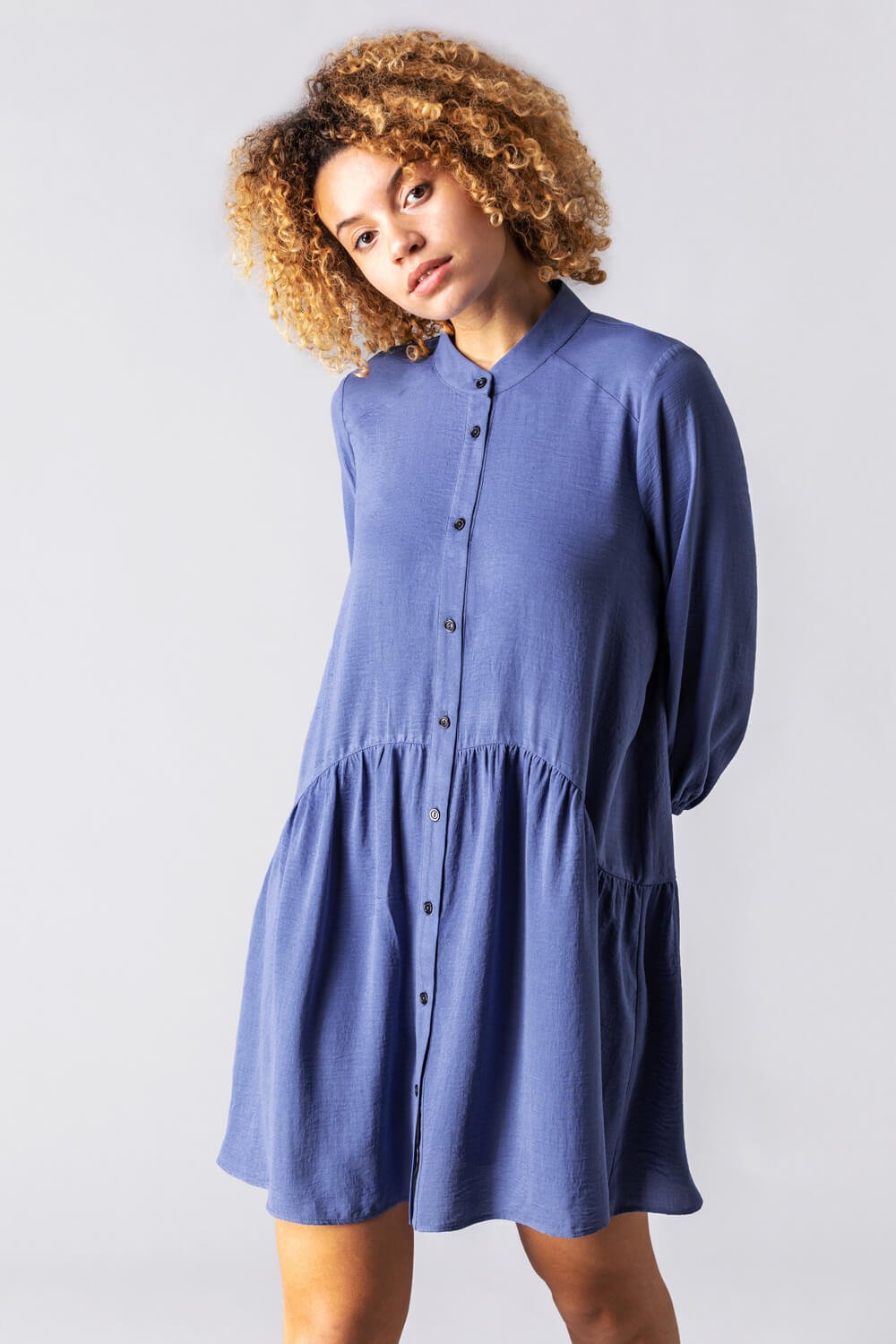 Dropped Waist Shirt Dress in Denim Blue - Roman Originals UK