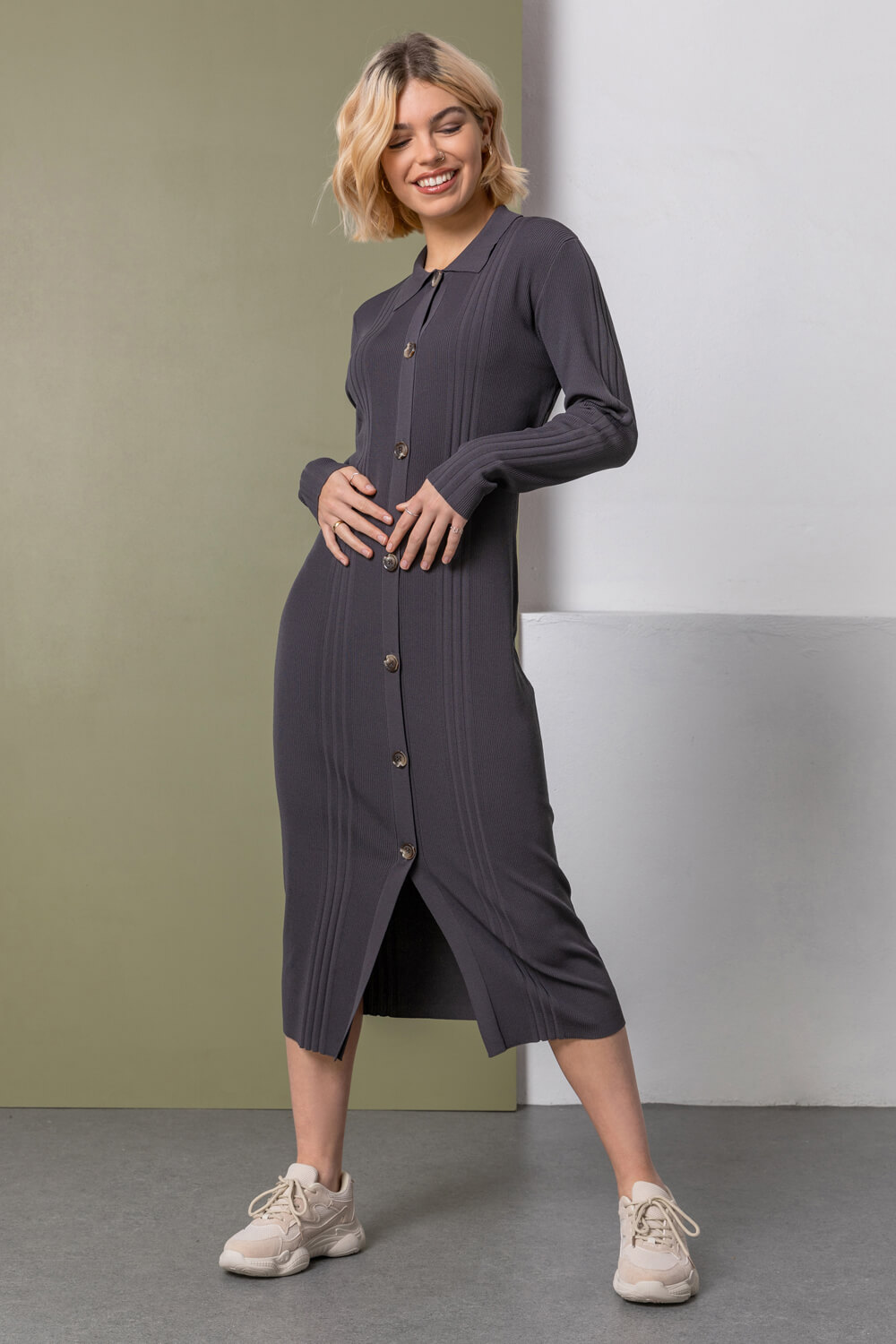 Dark Grey Polo Collar Knitted Midi Dress, Image 3 of 5