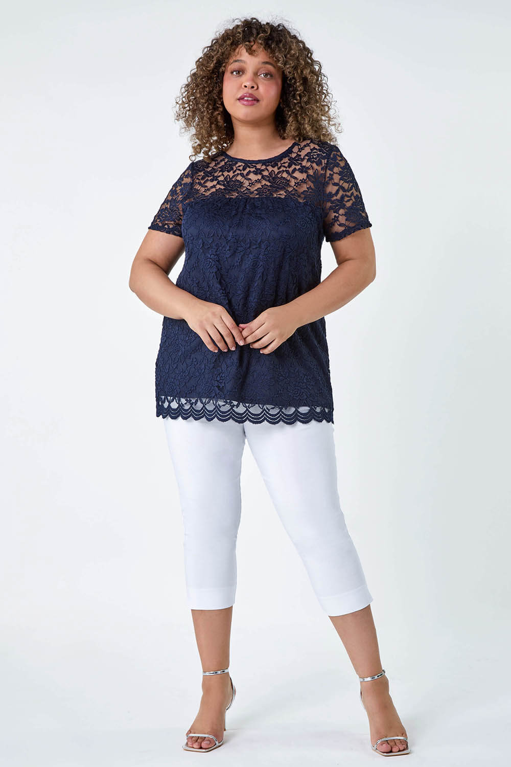 Navy  Curve Lace Overlay Stretch Jersey Top, Image 2 of 5