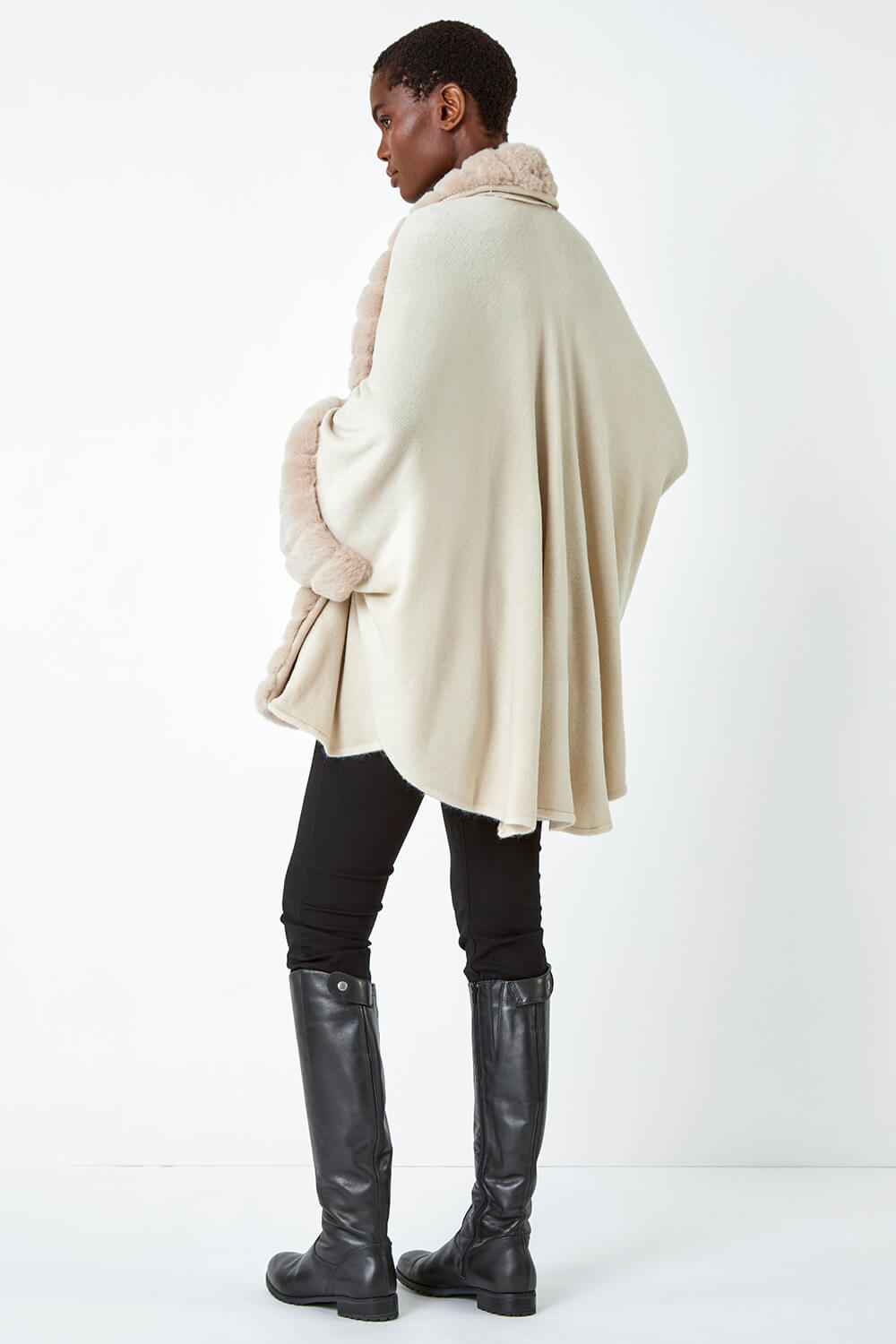 Natural  One Size Faux Fur Trim Knitted Poncho, Image 3 of 7