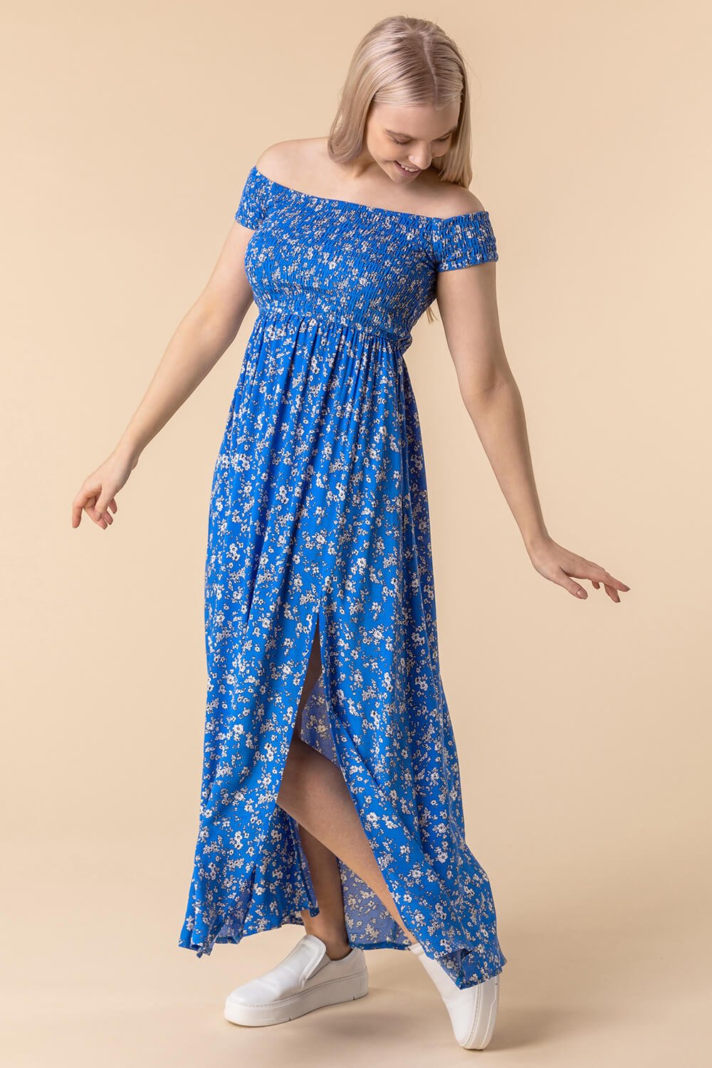 Blue Shirred Ditsy Floral Print Bardot Dress, Image 2 of 5