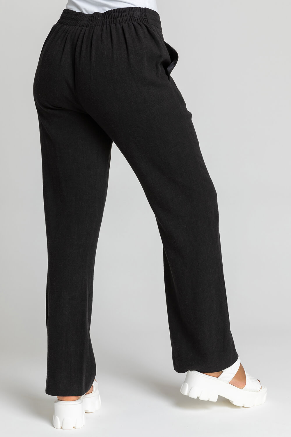Black Petite Linen Tie Front Trousers, Image 3 of 4
