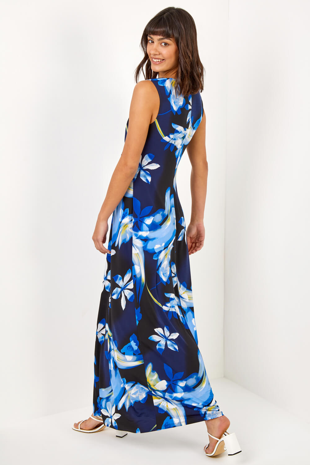 Black Floral Jersey Stretch Twist Ruched Maxi Dress, Image 2 of 5