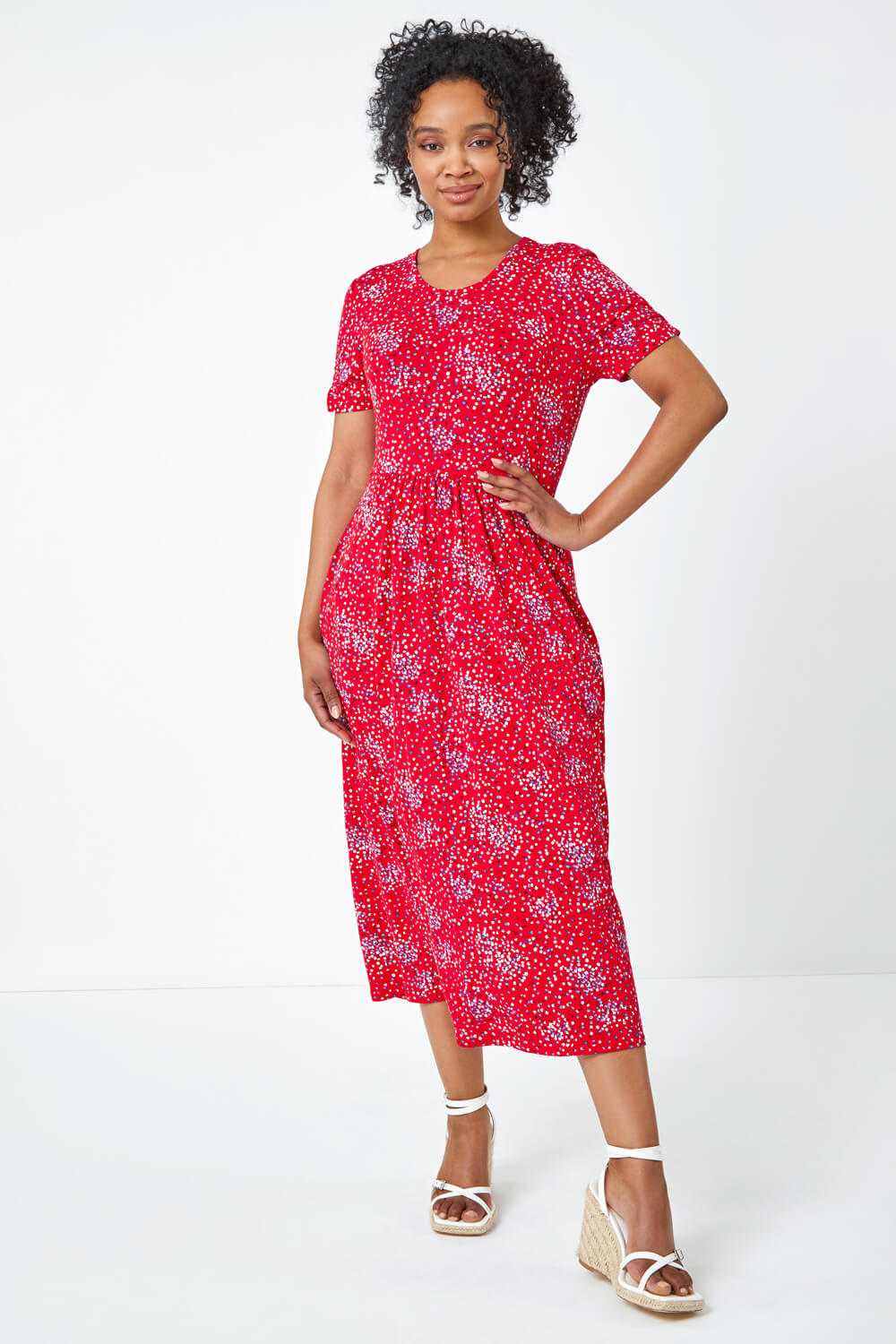 Red Petite Floral Print Midi Dress, Image 4 of 5