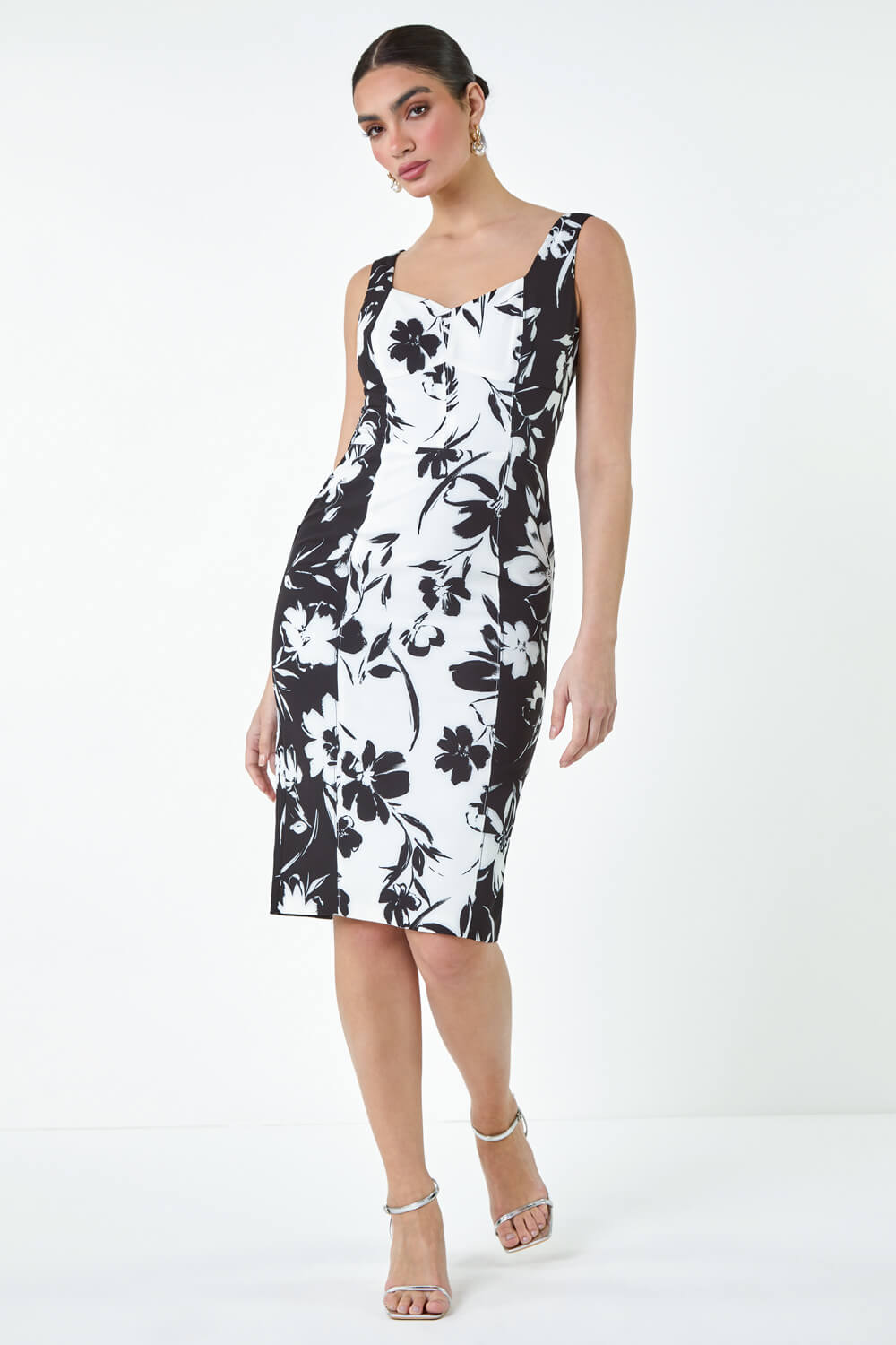 Black Floral Corset Detail Stretch Dress, Image 2 of 5