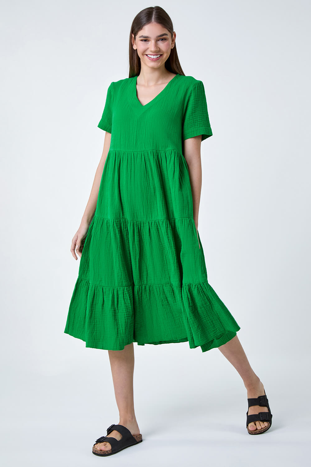 Green Cotton Textured Tiered Midi Dress, Image 2 of 5