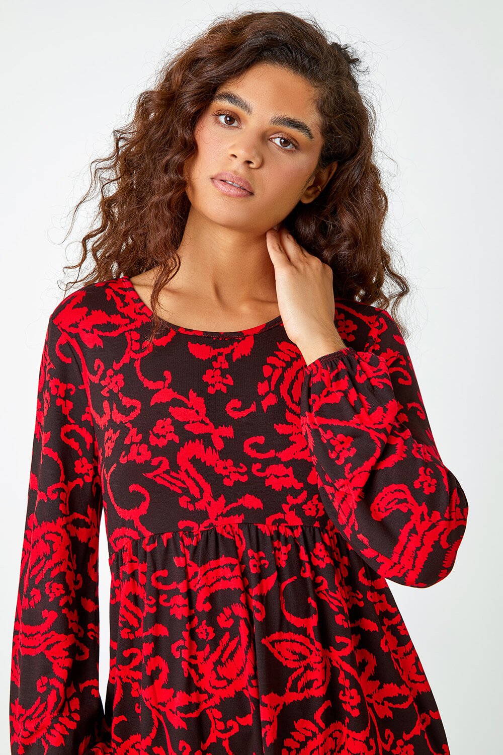 Red Floral Pocket Detail Tunic Stretch Top, Image 4 of 5