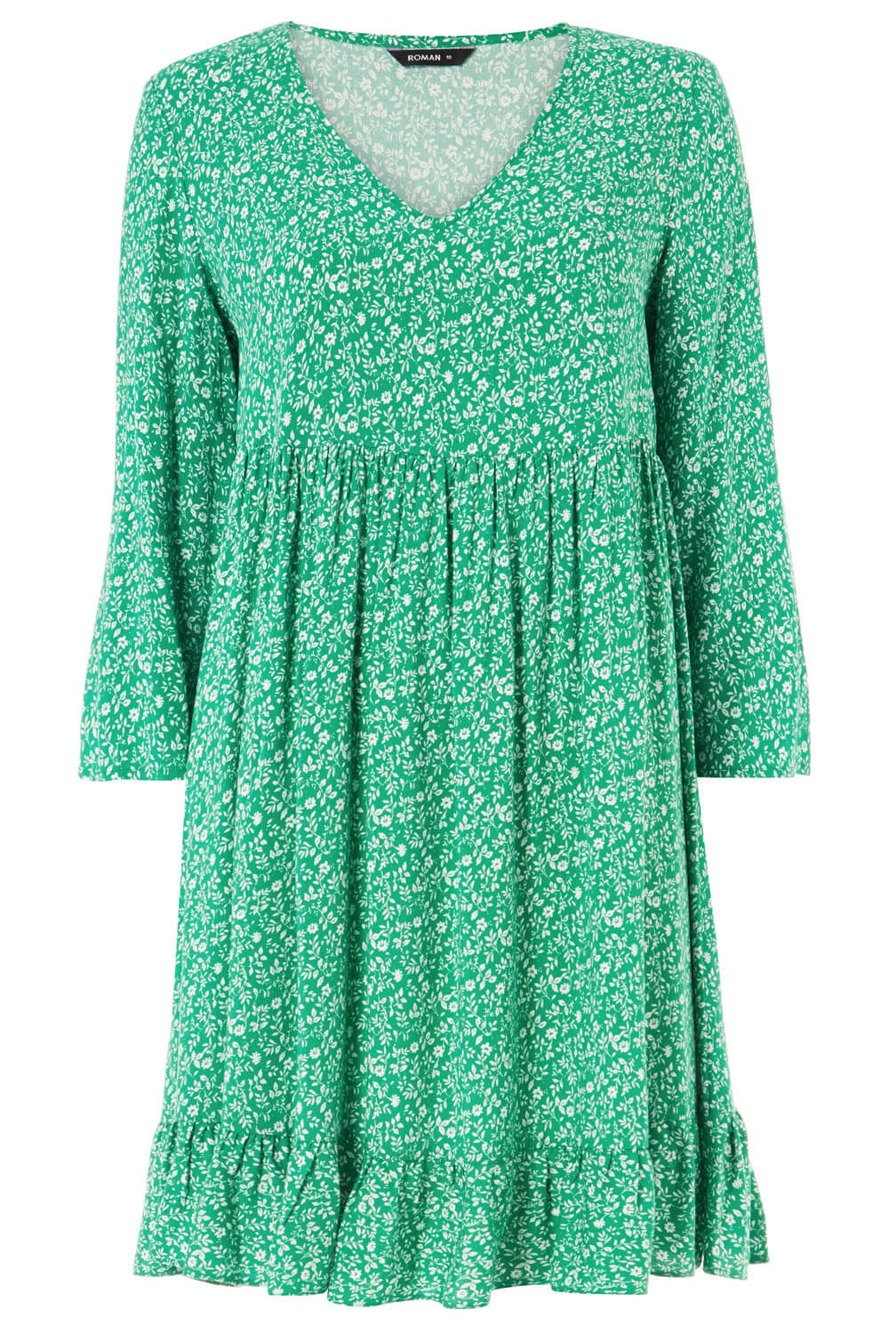 Green Floral Print Frill Hem Smock Dress, Image 4 of 4