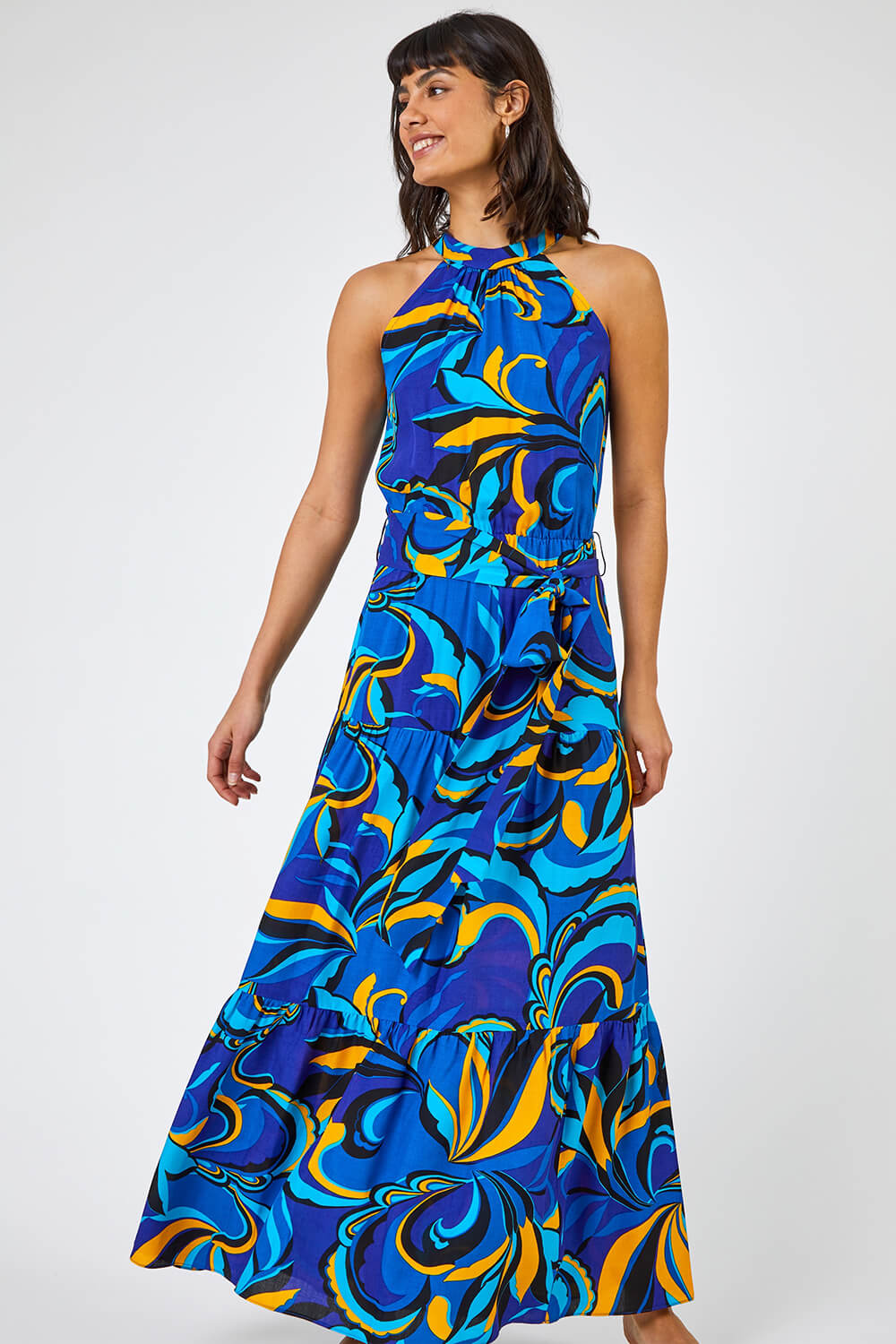 Abstract Halterneck Tiered Maxi Dress ...