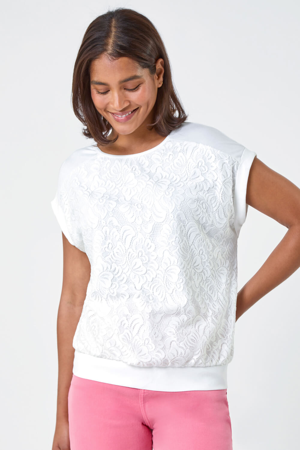Ivory  Lace Panel Stretch Jersey Top, Image 2 of 5