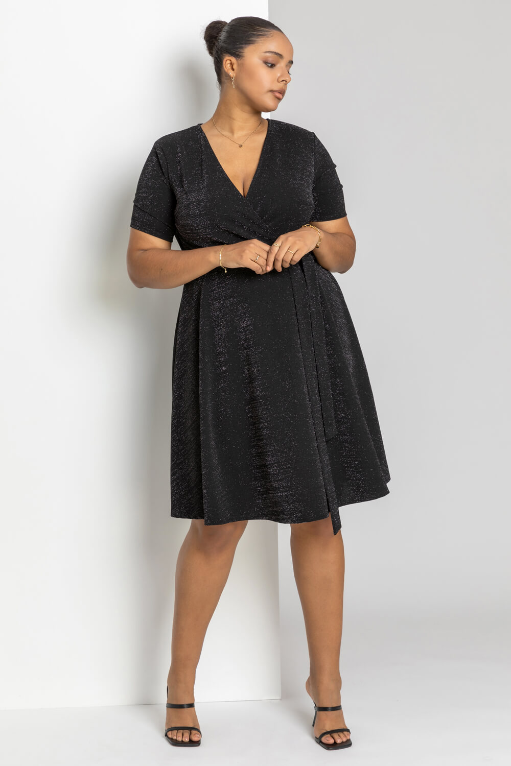 Black Curve Shimmer Wrap Dress, Image 3 of 4