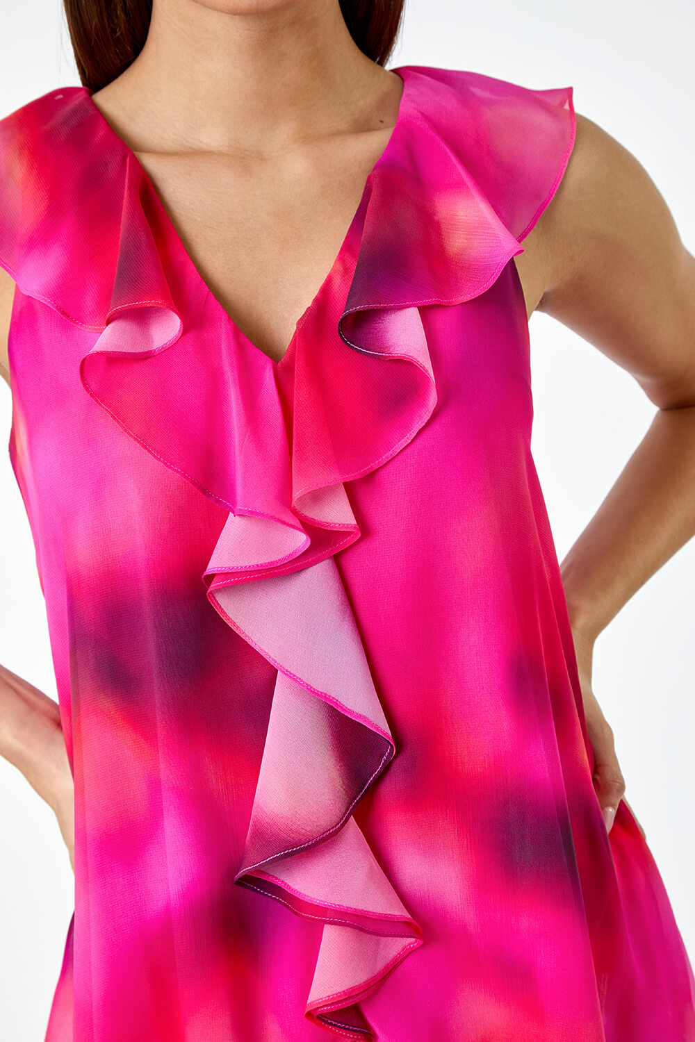 Fuchsia Ombre Print Ruffle Front Top, Image 5 of 5