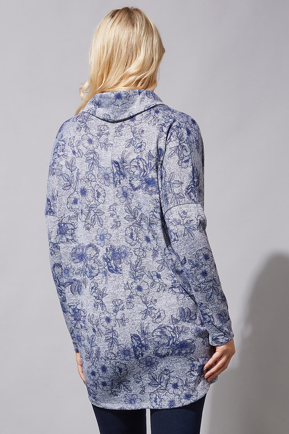 Grey Floral Print Cowl Neck Top, Image 4 of 4