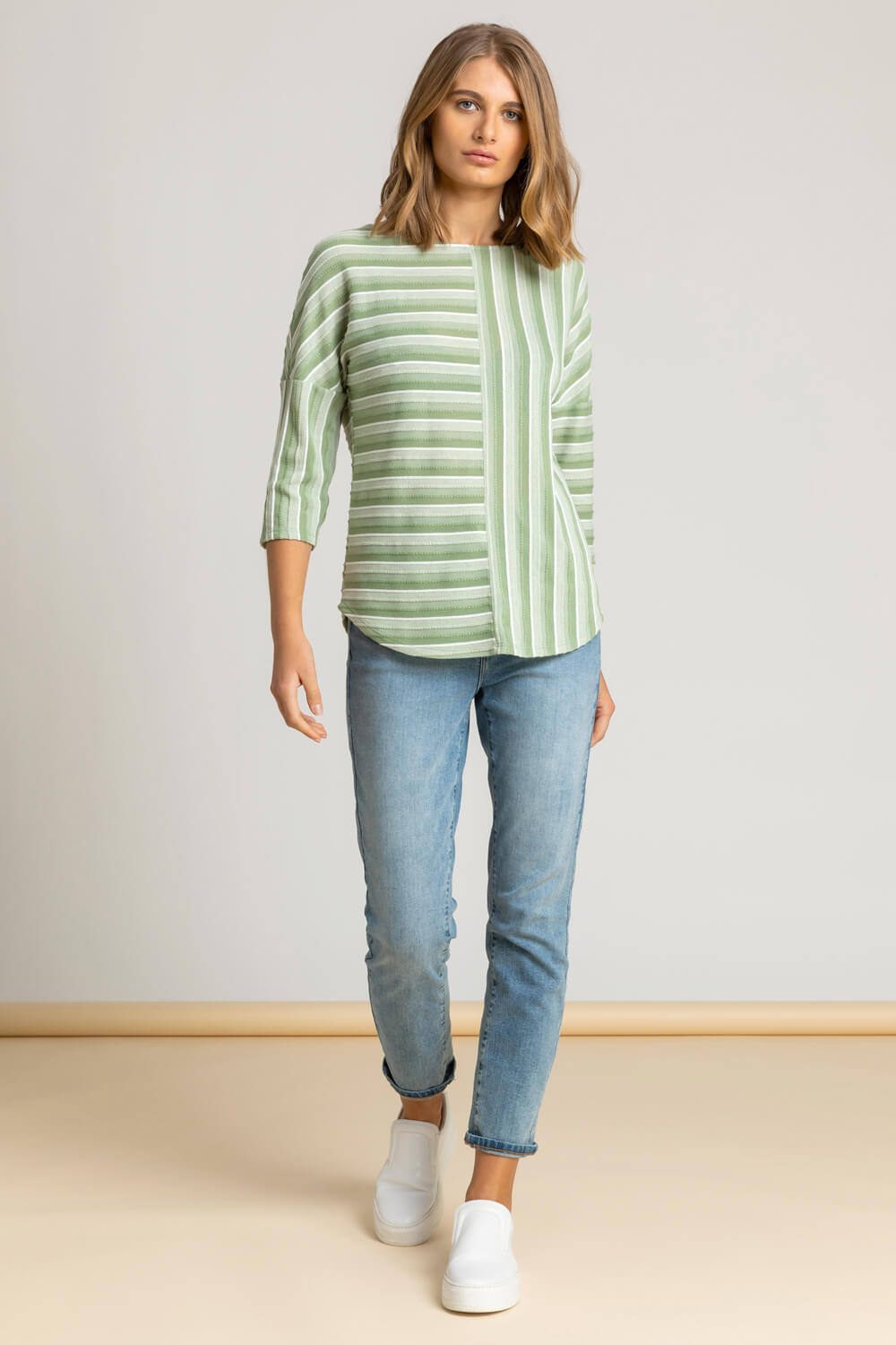 Green Textured Stripe Print Top, Image 3 of 4