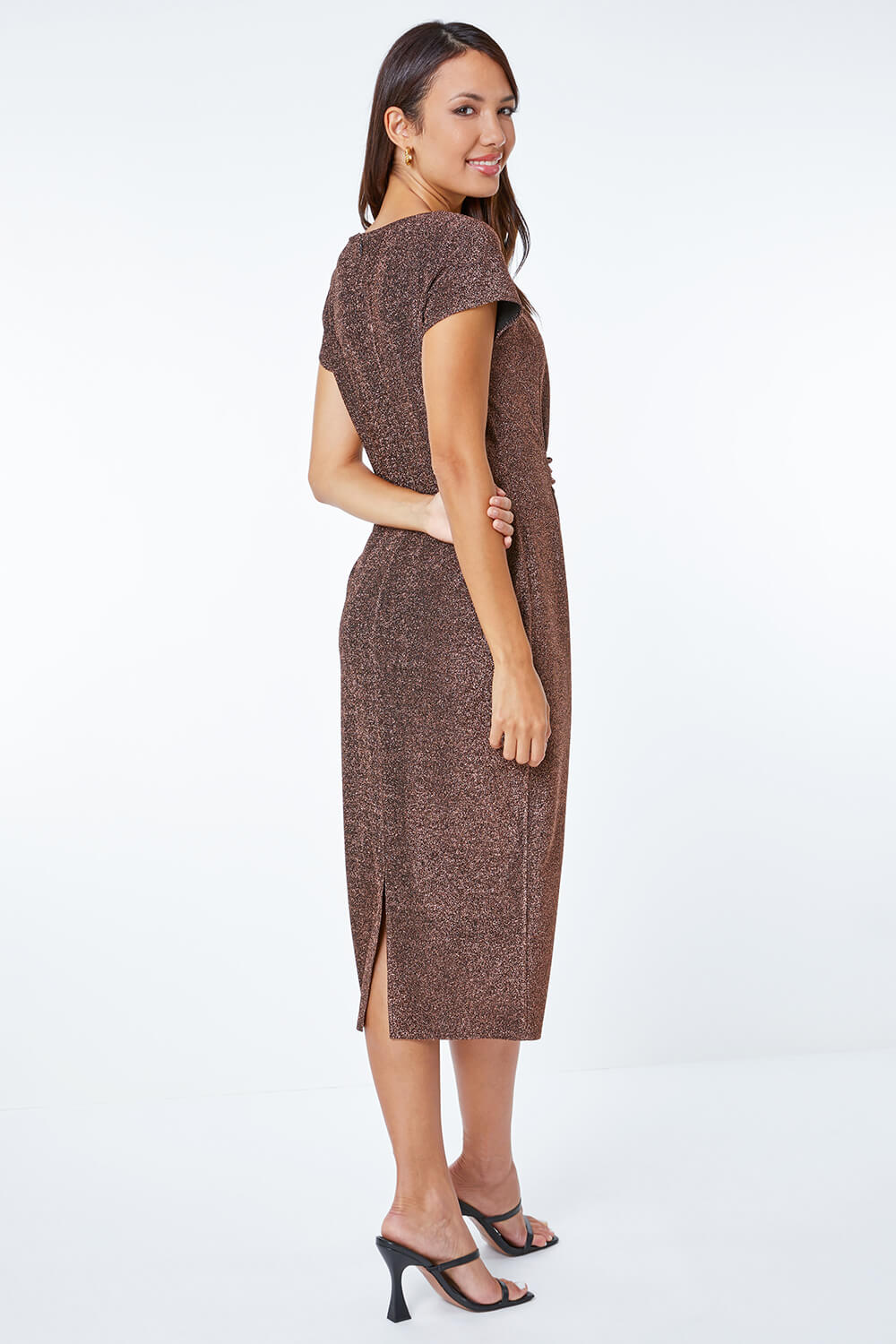 Copper Metallic Pleat Detail Ruched Midi Dress, Image 3 of 5
