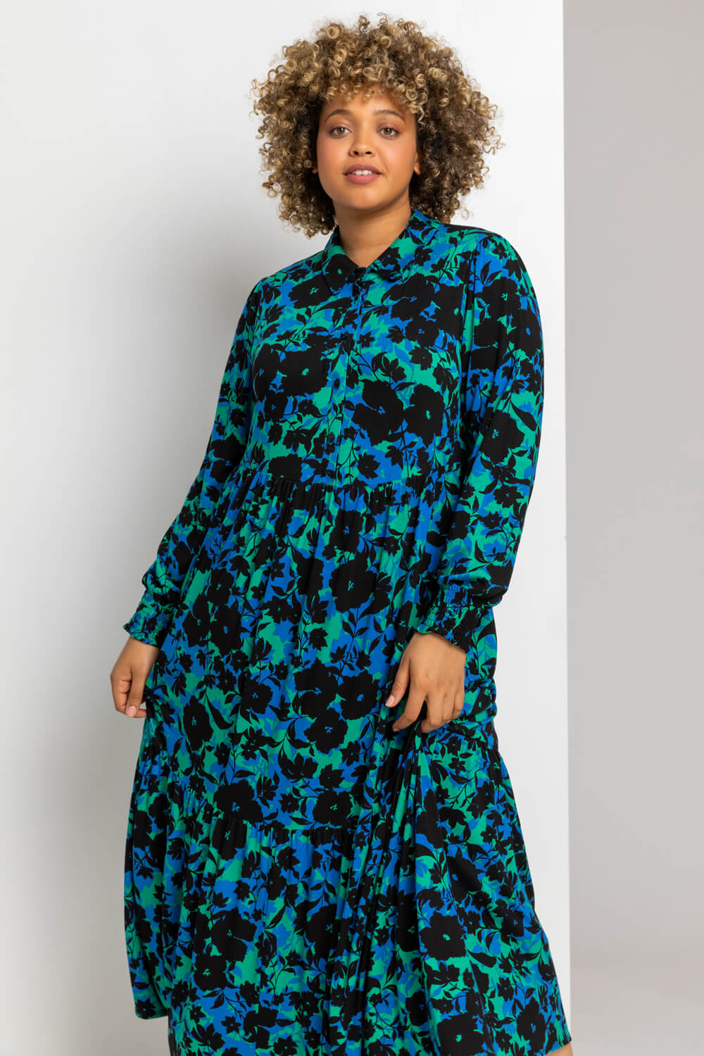 Green Curve Shadow Floral Shirt Dress, Image 4 of 4