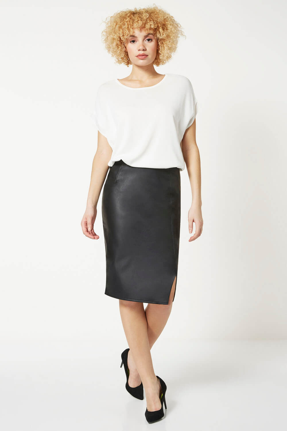 Faux Leather Side Split Pencil Skirt in Black - Roman Originals UK