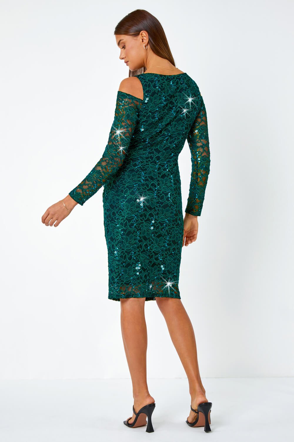 Green Sequin Cold Shoulder Lace Midi Stretch Dress, Image 3 of 5