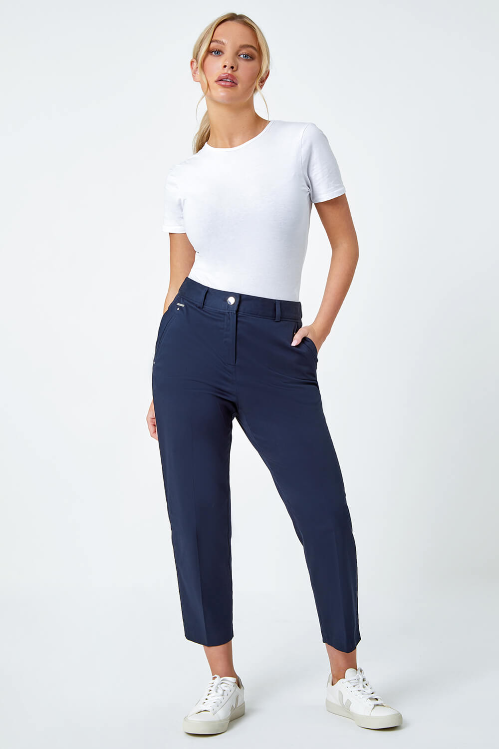 Navy  Petite Cotton Blend Stretch Trousers, Image 2 of 5