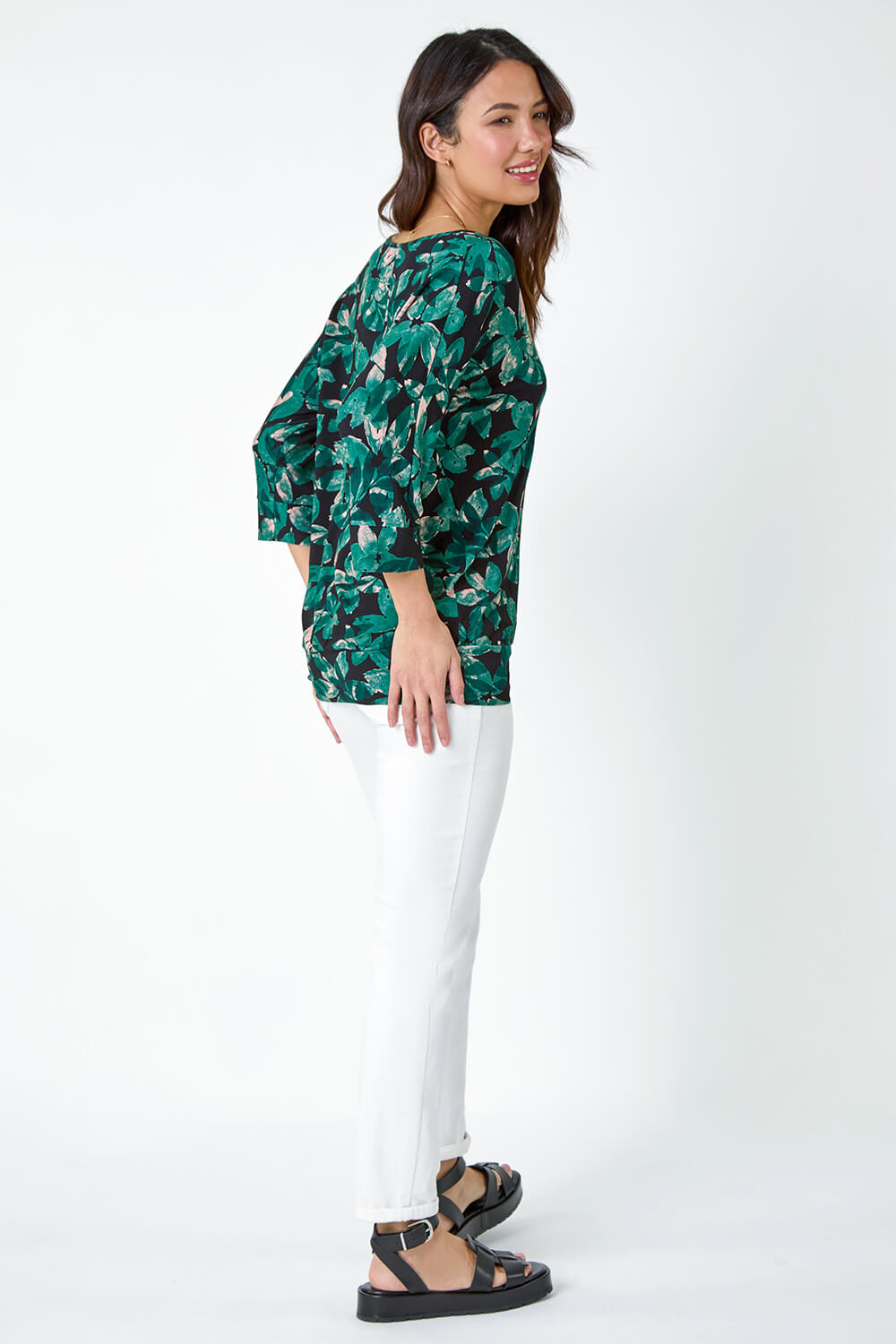 Green Floral Print Blouson Stretch Top, Image 3 of 5
