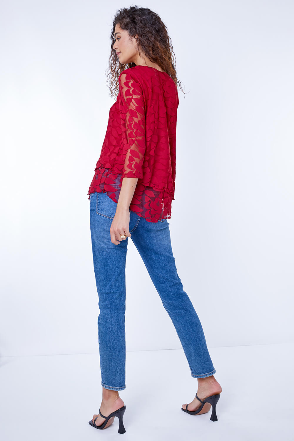 Red Burnout Leaf Asymmetric Stretch Top, Image 2 of 5