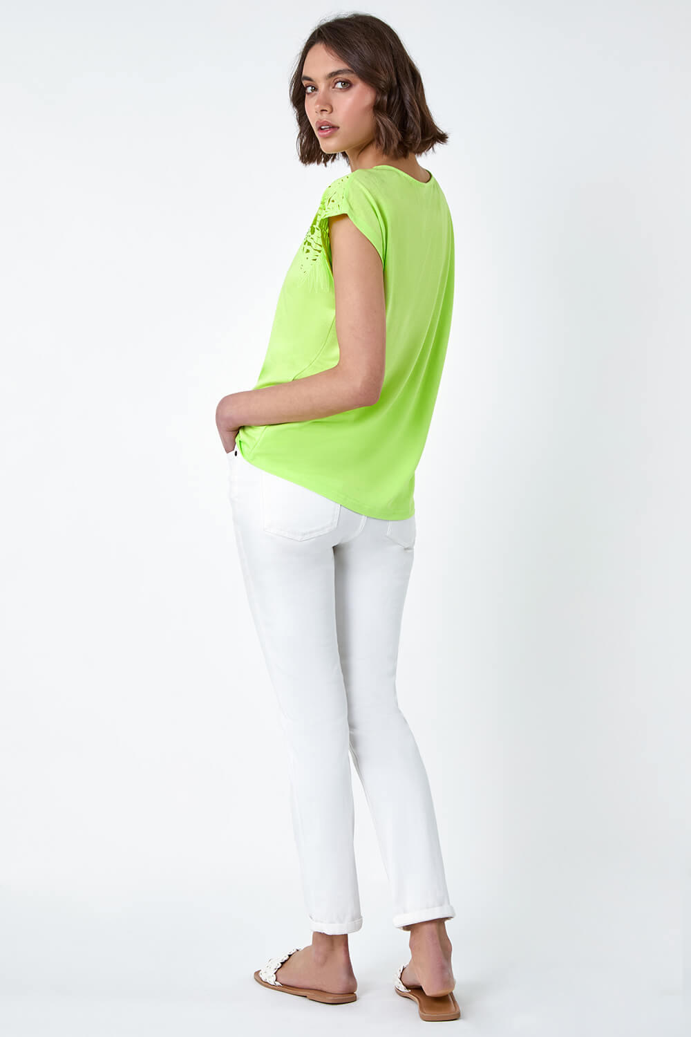 Lime Embellished Palm Print Cut Out T-Shirt, Image 3 of 5