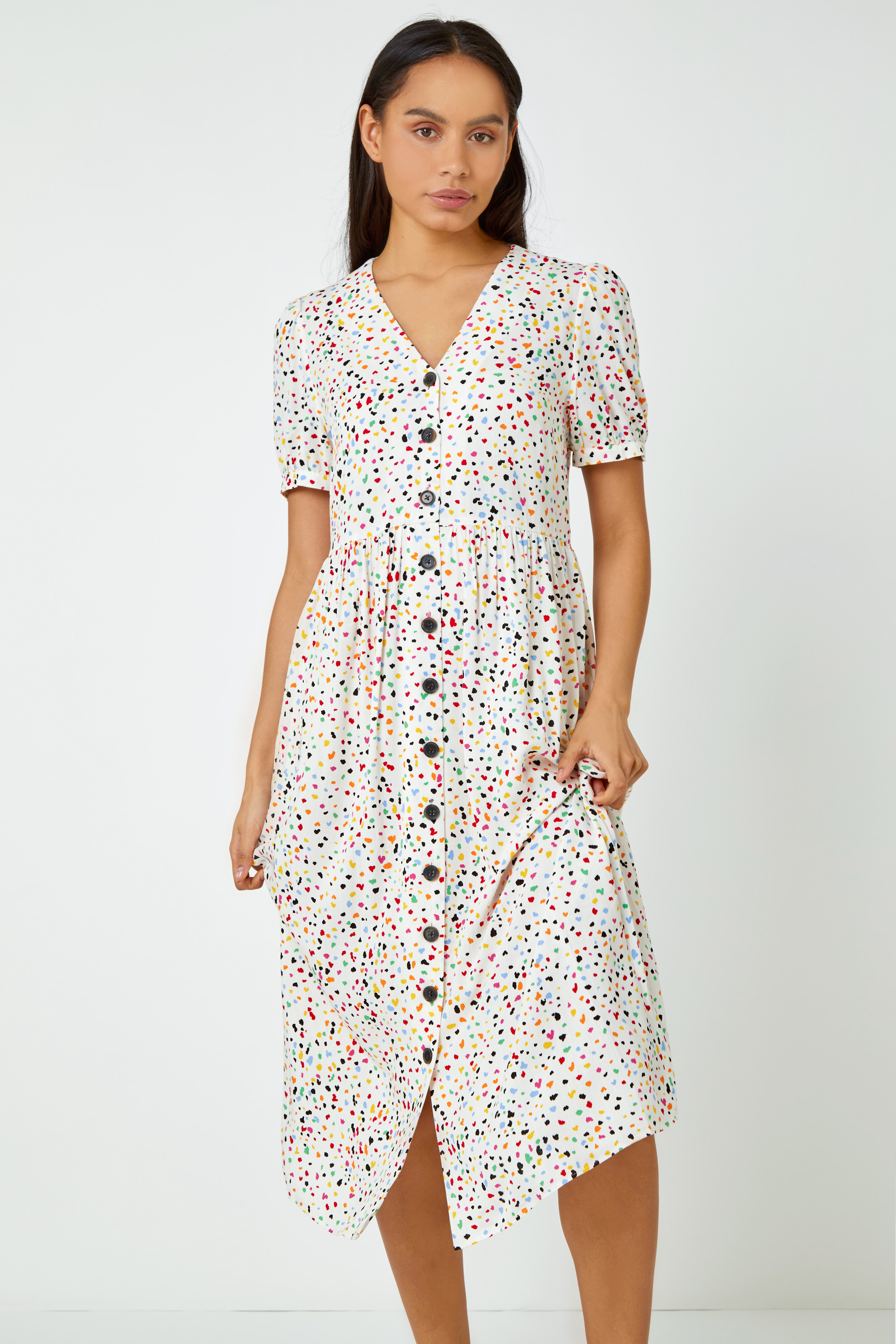 Yellow Ditsy Spot Print Button Down Dress, Image 4 of 5