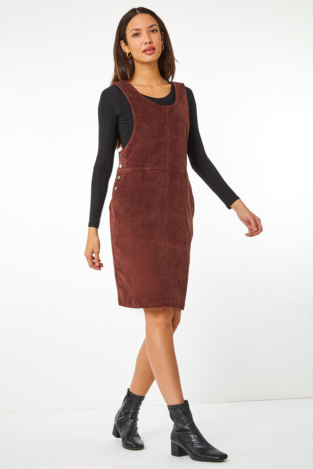 Chocolate Button Corduroy Pinafore Dress , Image 2 of 5