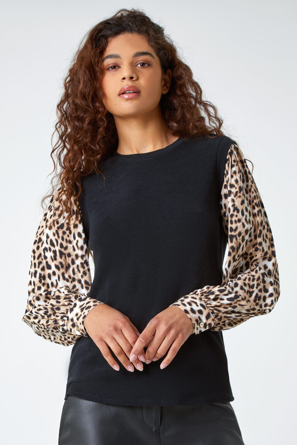 Black Animal Contrast Sleeve Stretch Top, Image 4 of 5