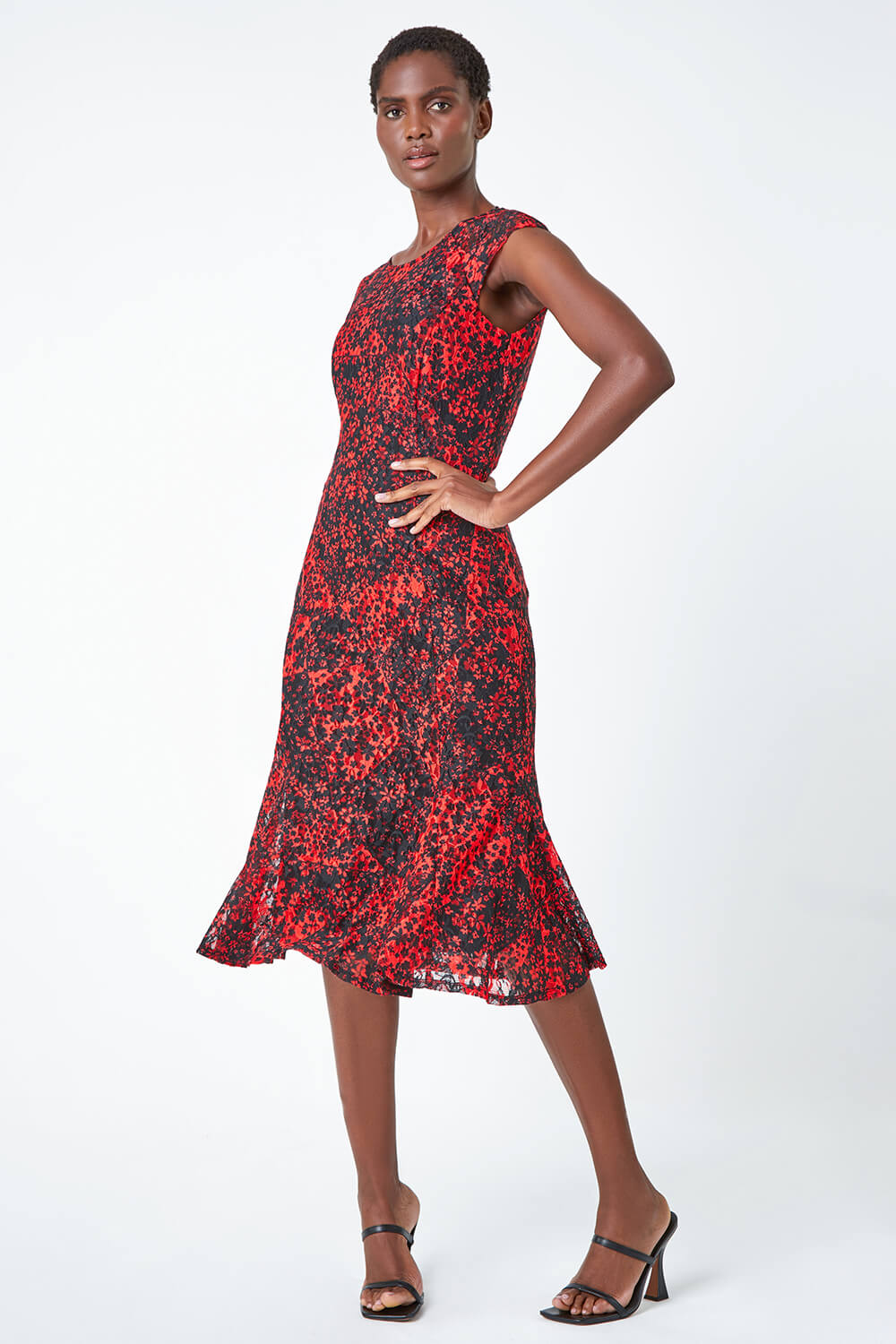 Red Ditsy Floral Stretch Lace Dress, Image 2 of 5