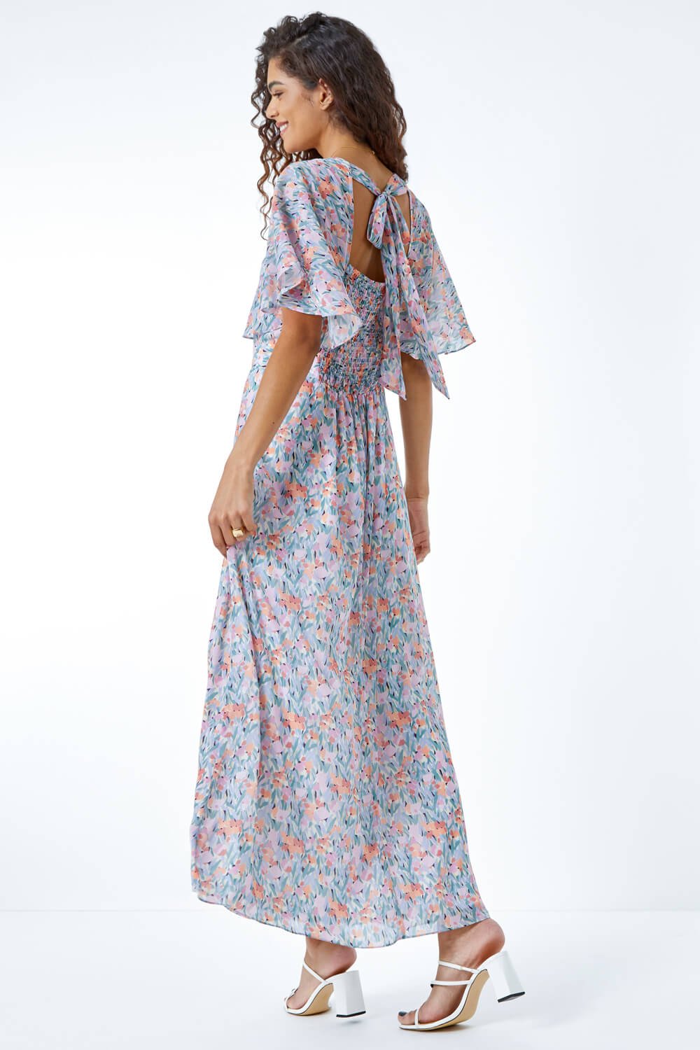 Lilac Floral Print Angel Sleeve Maxi Dress, Image 3 of 5