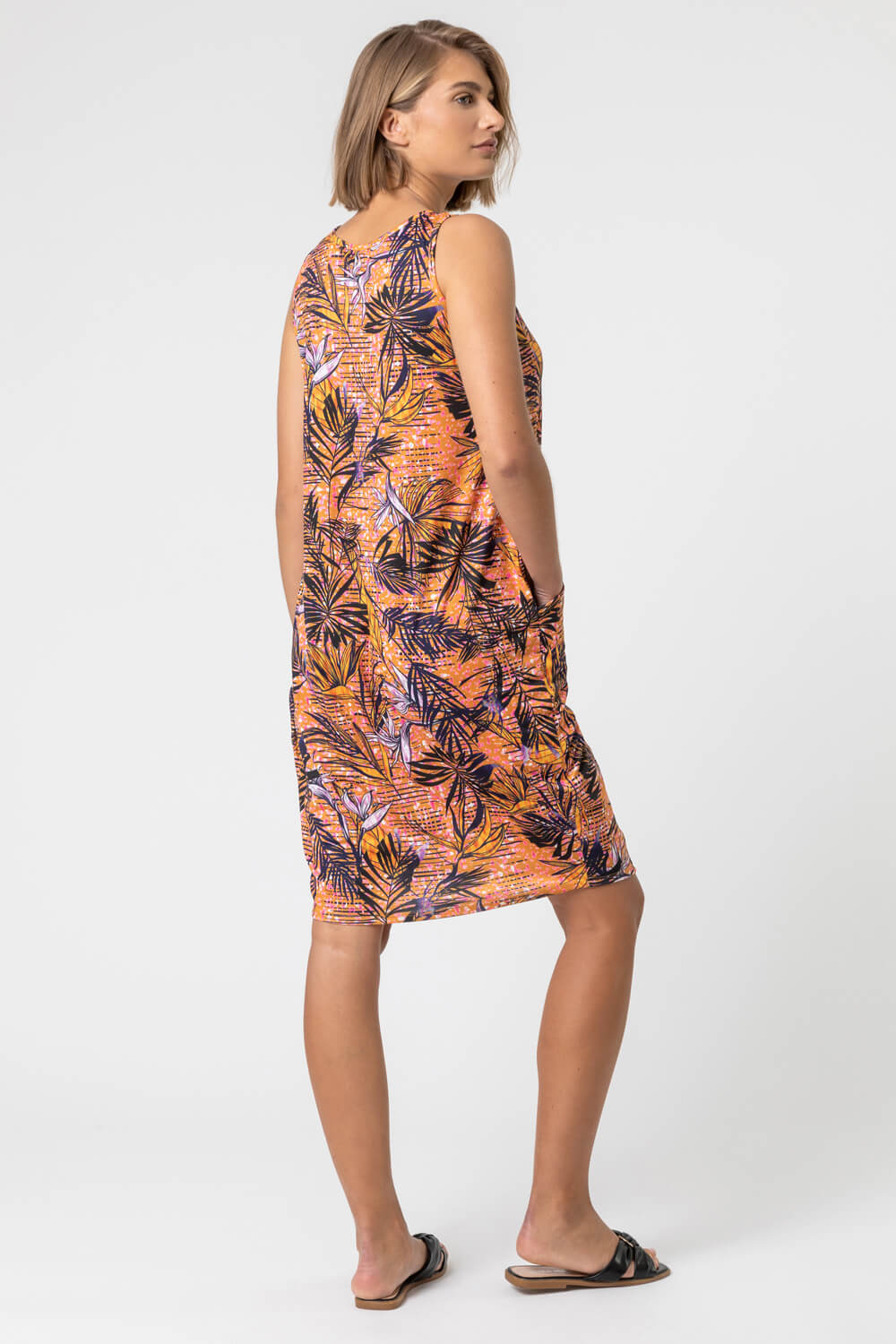 ORANGE Tropical Palm Print Slouch Pocket Dress, Image 2 of 4