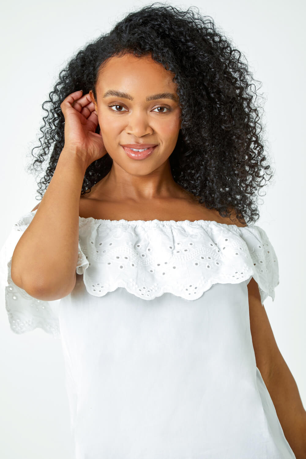 White Petite Embroidered Cotton Bardot Top, Image 5 of 5