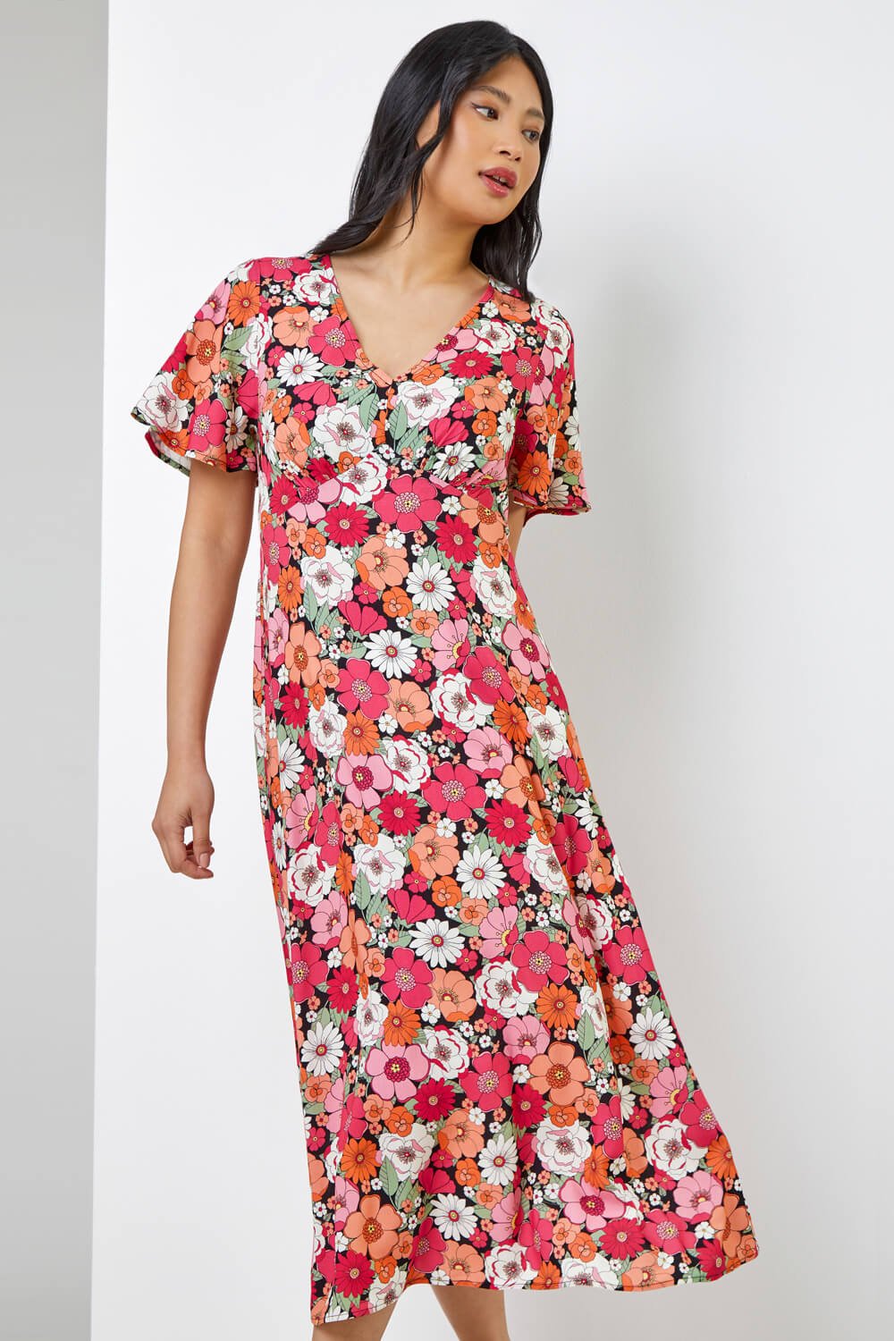 CORAL Petite Floral Print Flute Sleeve Dress, Image 3 of 5