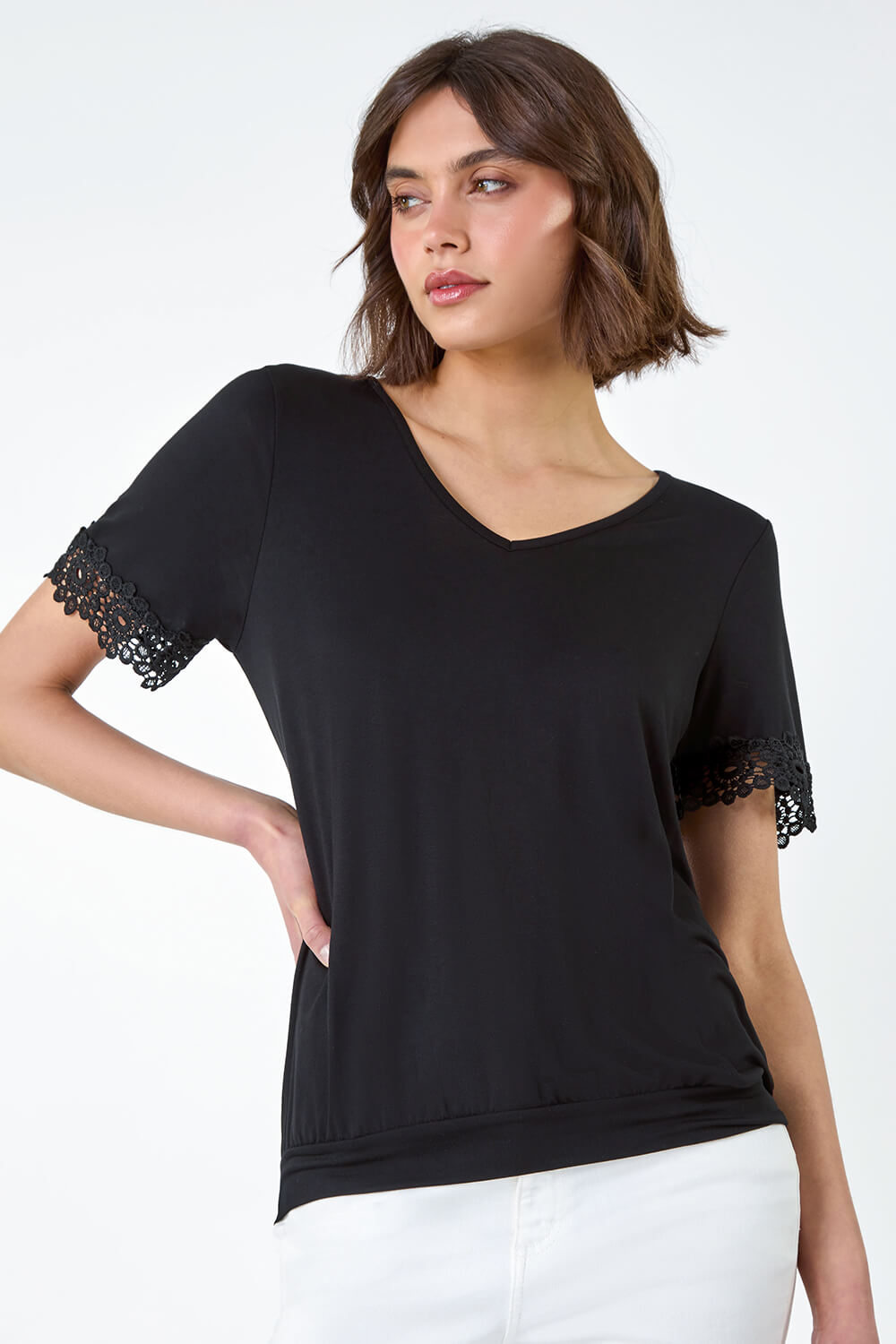 Black Lace Trim Stretch Jersey T-Shirt, Image 4 of 5