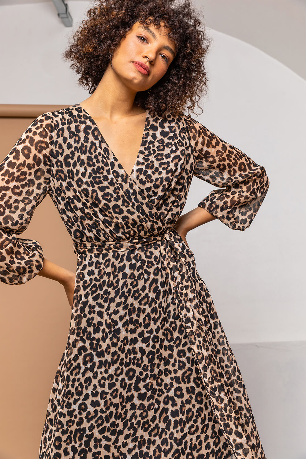 Brown Leopard Print Belted Wrap Dress, Image 3 of 5