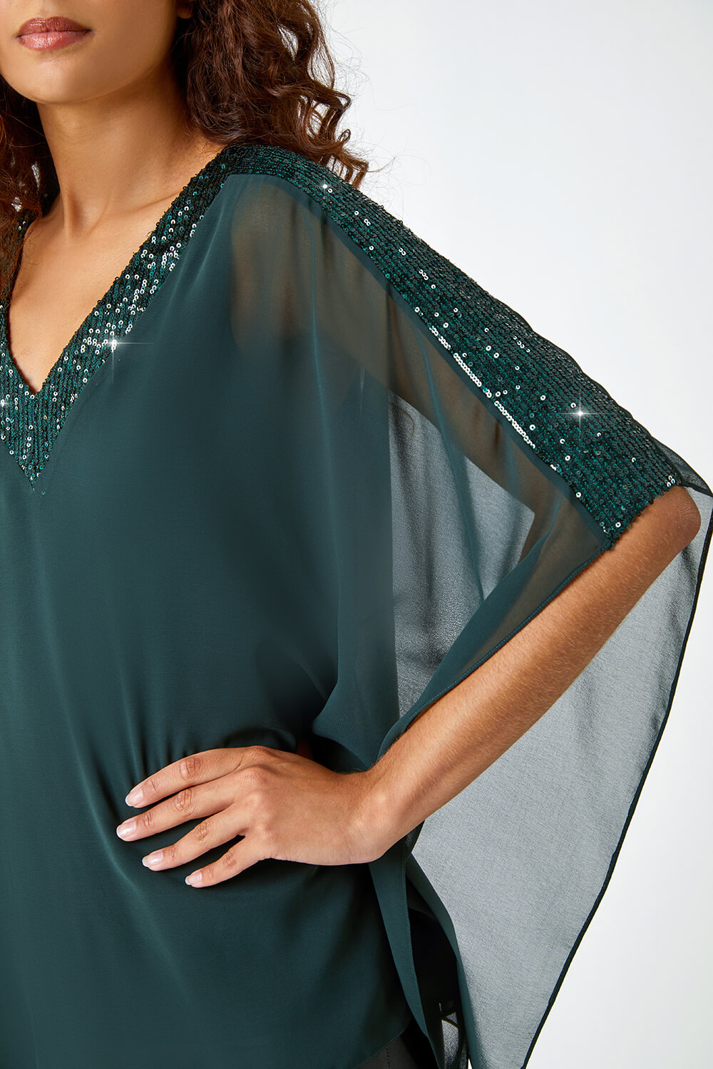 Green Sequin Trim Overlay Stretch Top, Image 5 of 5