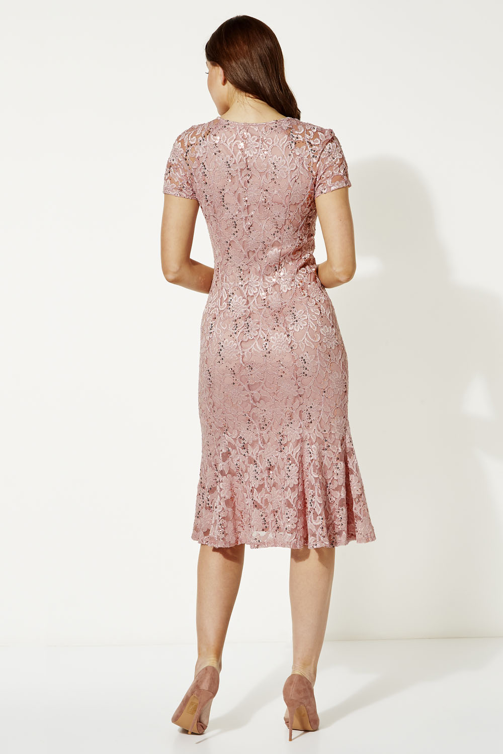 Light Pink Metallic Lace Sequin Midi Dress, Image 2 of 4