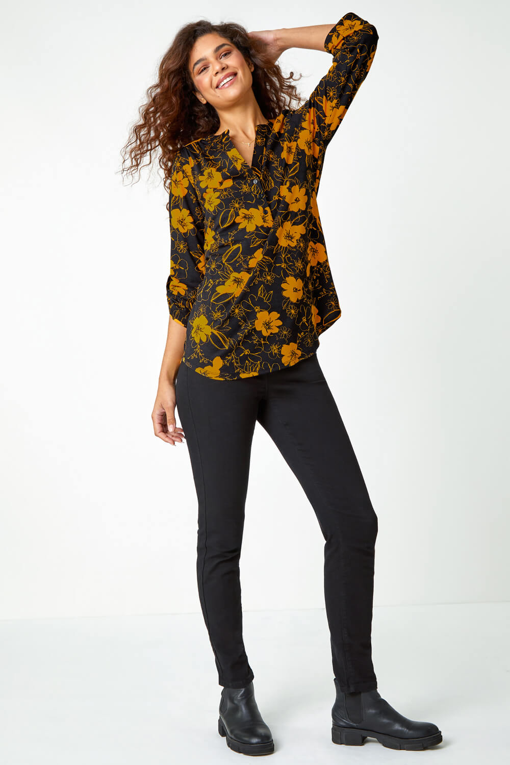 Ochre Floral Print Stretch Shirt, Image 2 of 5