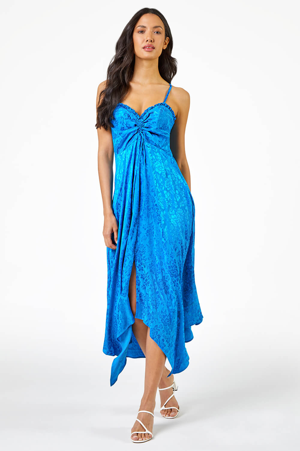 Blue Satin Ruffle Detail Jacquard Midi Dress, Image 4 of 5