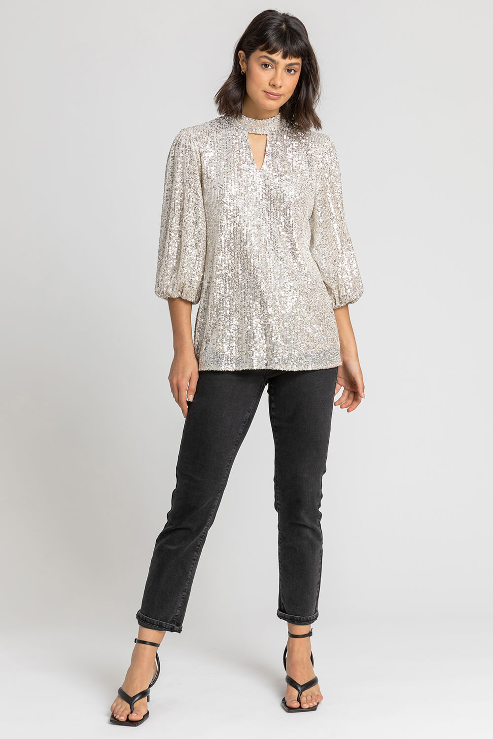 Silver Sequin Keyhole Neck Top, Image 3 of 4