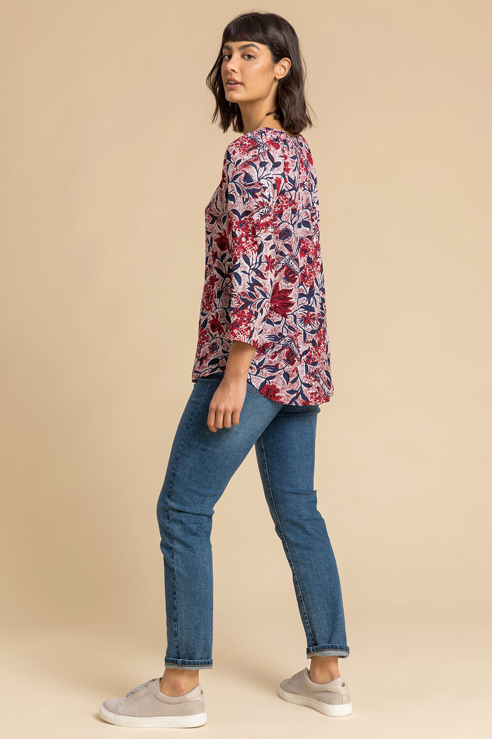 Red Floral Leaf Print Button Top, Image 2 of 4